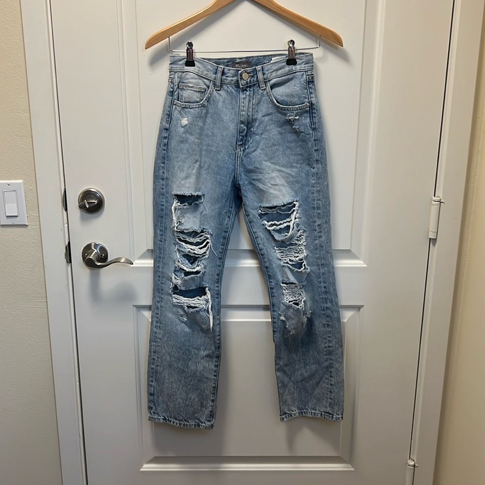 DL1961 Emilie Straight Ultra High Vintage Ankle Super Light Shred Jeans 23 EUC